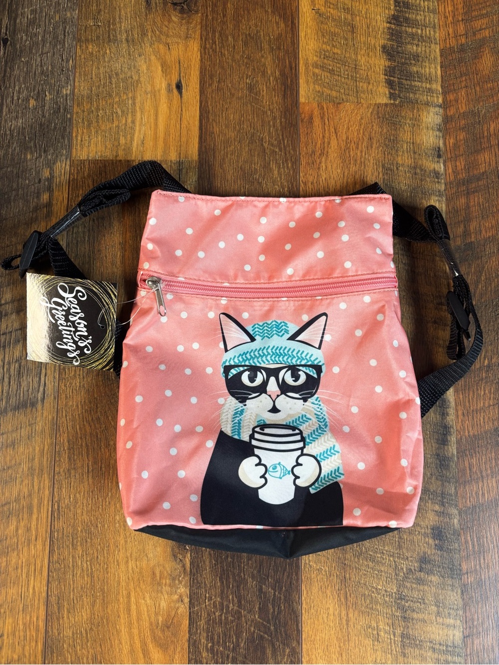 Pink Polka Dot Cat Crossbody Bag with Coffee Graphic